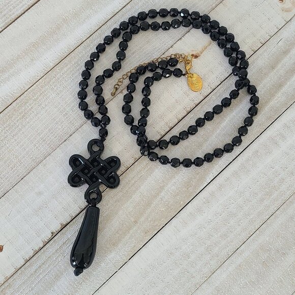Long Unicef Black Art Glass Beaded Necklace Celtic Knot